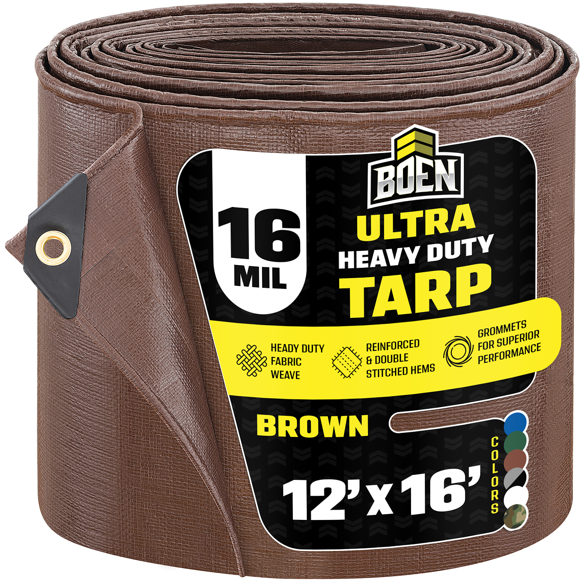 Boen Ultra Heavy-Duty Tarp — 12ft. x 16ft., 16 Mil Thick, Waterproof, UV-Resistant, Brown, Model# BR16T-1216